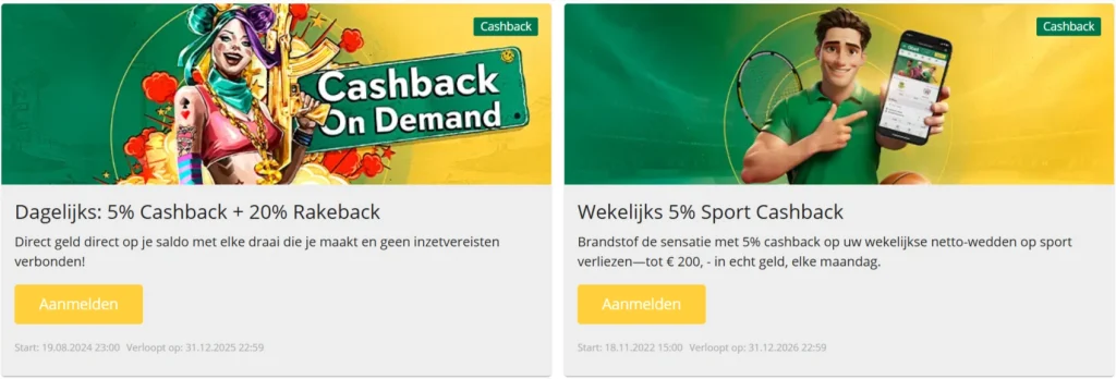 Dagelijks: 5% Cashback + 20% Rakeback